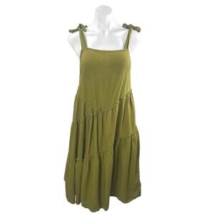 Urban Renewal Green Linen Sleeveless Tie Tiered Tank Cami A Line Midi Dress Sz S